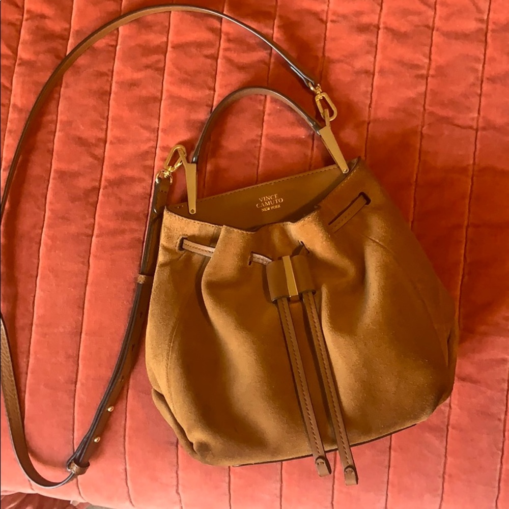 Vince Camuto leather suede tan gold purse